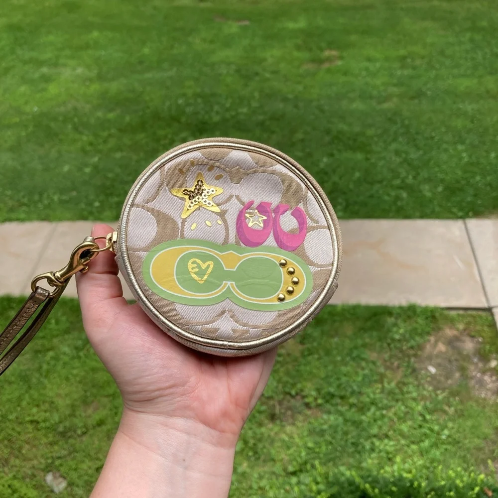 Coach Signature C Doodle Printed Gold Studded Gold Sequin Star Coin Purse Bag